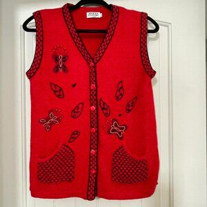 MOFFI VTG Red Chenille Vest with Butterfly Emb. | Retro Cottagecore W size Small